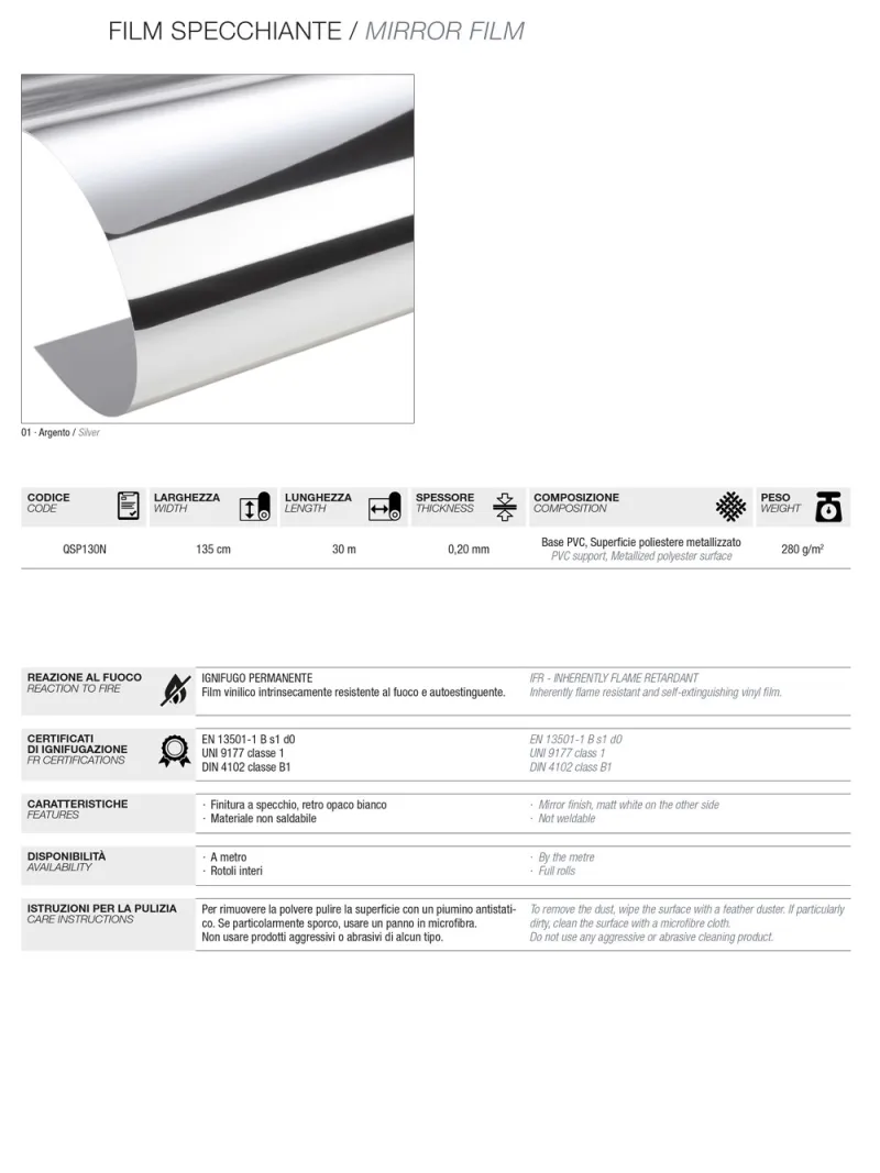 D'APONTE SPECCHIO FILM Sp. 0,2mm h.130cm - ARGENTO FLESSIBILE