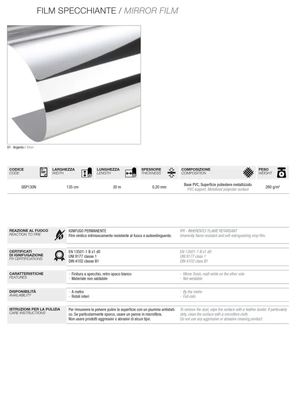 D'APONTE SPECCHIO FILM Sp. 0,2mm h.130cm - ARGENTO FLESSIBILE