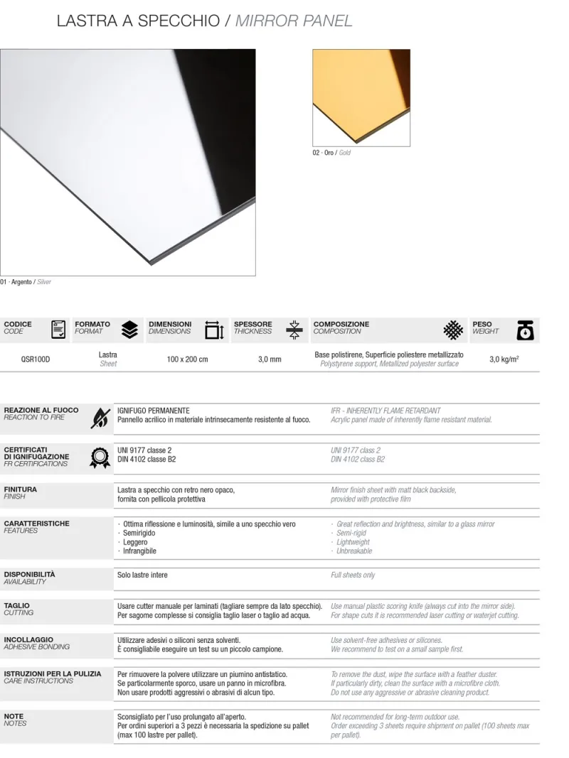 D'APONTE MIRROR PLAN Sp. 3mm h. 200x100cm - HARD SILVER | D'Aponte | Special Effects