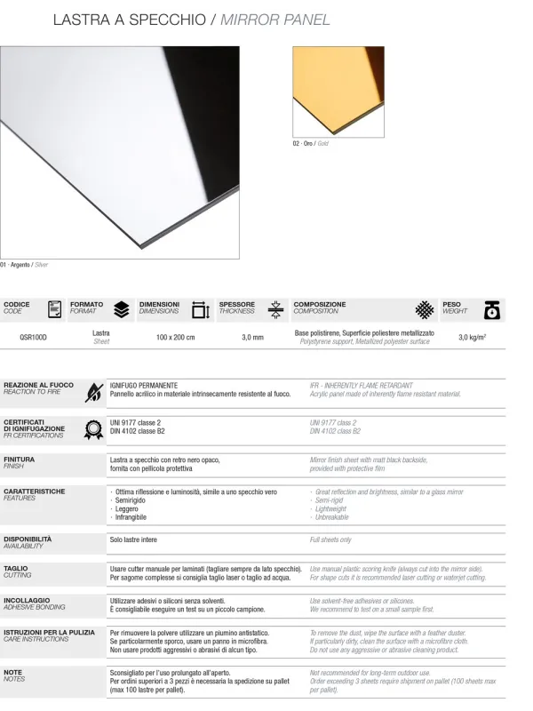 D'APONTE MIRROR PLAN Sp. 3mm h. 200x100cm - HARD SILVER | D'Aponte | Special Effects