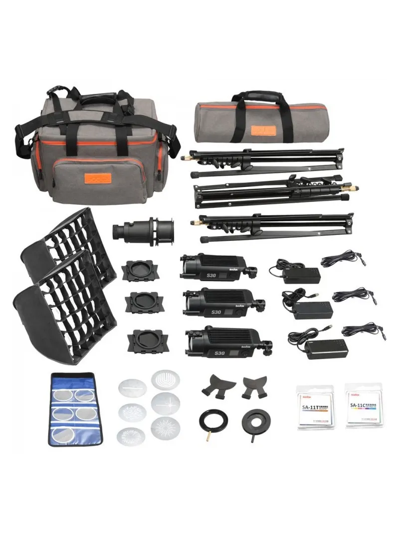 GODOX SA-D Kit di 3 illuminatori a led S30 con messa a fuoco + 3 stativi + 2 softbox + accessori
