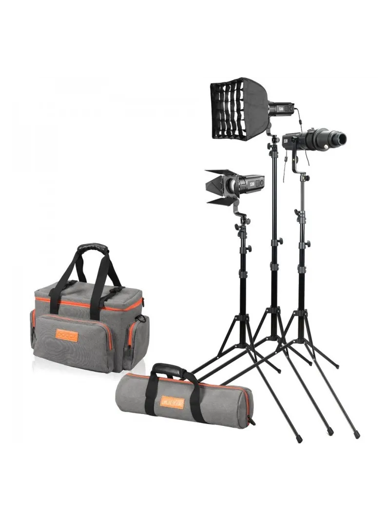 GODOX SA-D Kit di 3 illuminatori a led S30 con messa a fuoco + 3 stativi + 2 softbox + accessori
