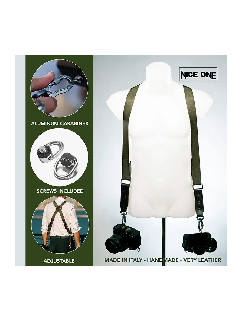 NICE ONE - POWER EASY - Tracolla Doppia in Pelle e tessuto Verde per Mirrorless e reflex