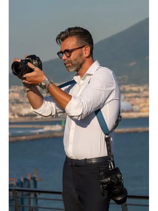 NICE ONE - POWER EASY - Tracolla Doppia in Pelle e tessuto Blu per Mirrorless e reflex