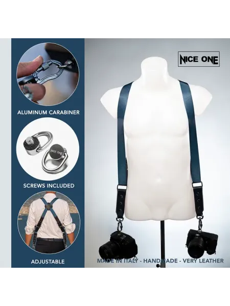 NICE ONE - POWER EASY - Tracolla Doppia in Pelle e tessuto Blu per Mirrorless e reflex