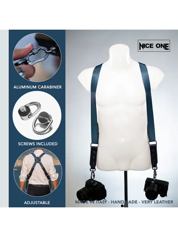 NICE ONE - POWER EASY - Tracolla Doppia in Pelle e tessuto Blu per Mirrorless e reflex