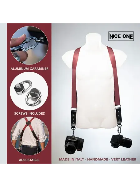 NICE ONE - POWER EASY - Tracolla Doppia in Pelle e tessuto Bordeaux per Mirrorless e reflex