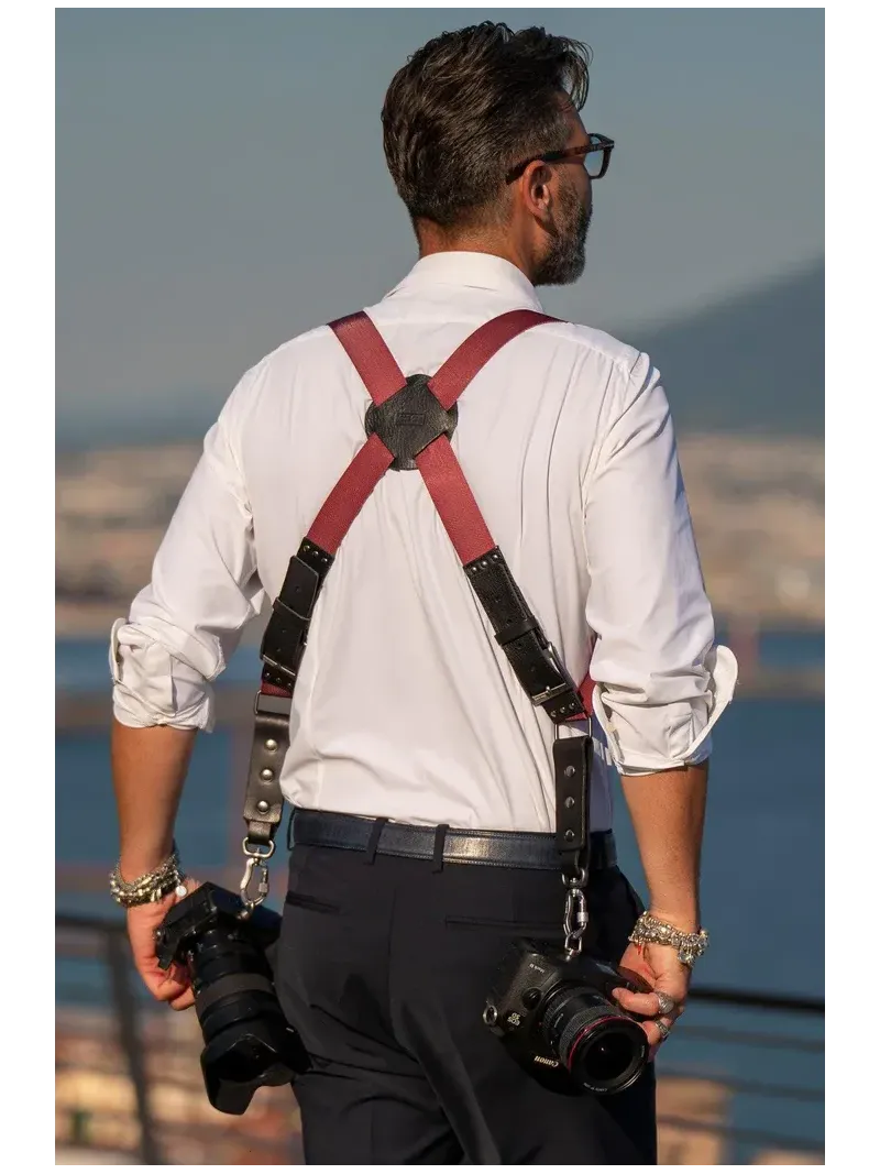 NICE ONE - POWER EASY - Tracolla Doppia in Pelle e tessuto Bordeaux per Mirrorless e reflex