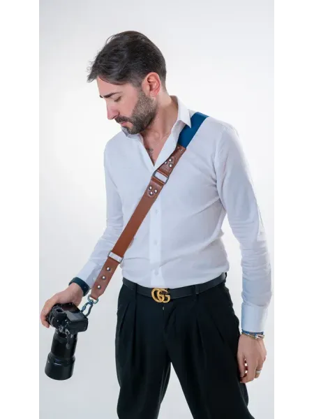 NICE ONE – Tracolla Singola in Pelle Cognac e tessuto Blue