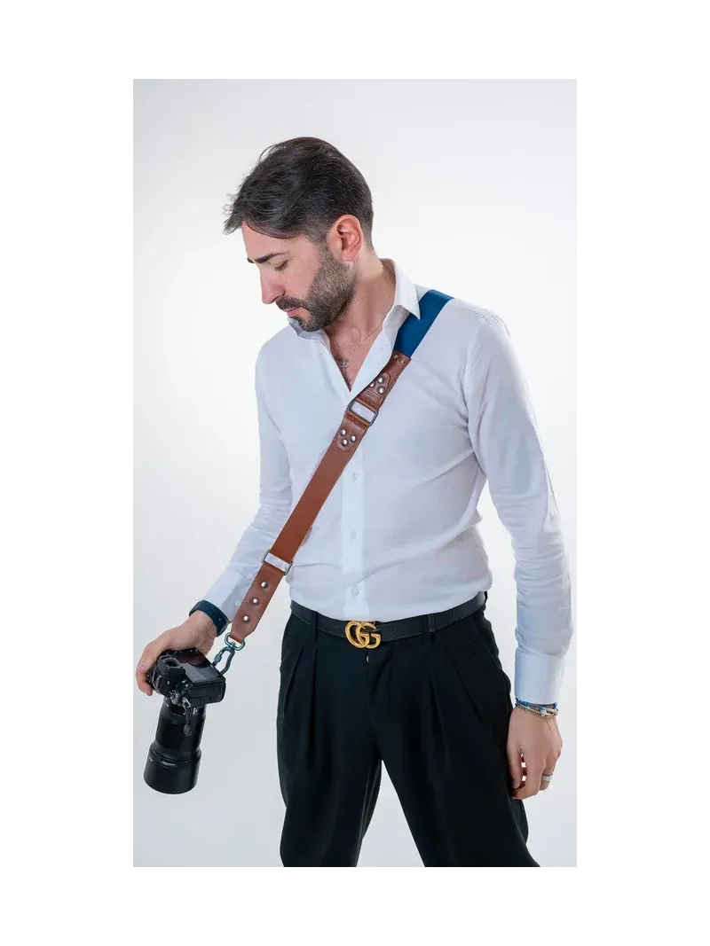 NICE ONE – Tracolla Singola in Pelle Cognac e tessuto Blue