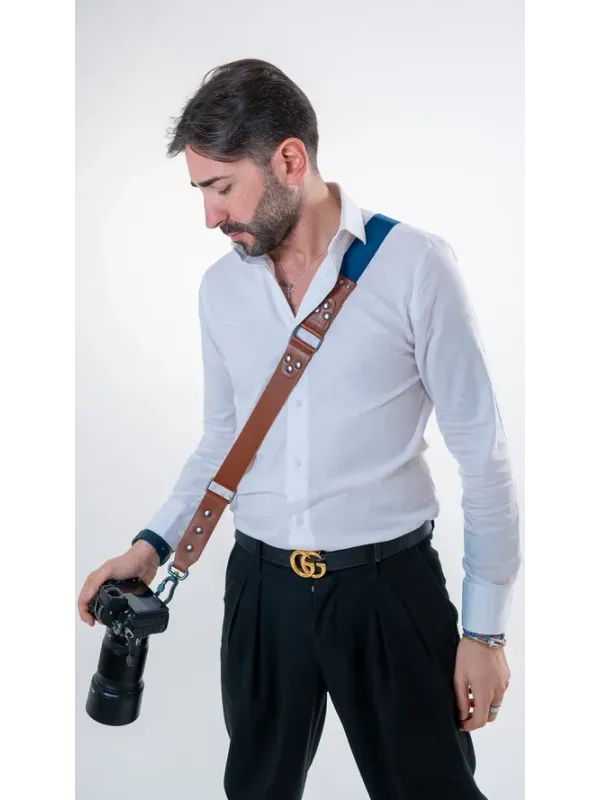 NICE ONE – Tracolla Singola in Pelle Cognac e tessuto Blue