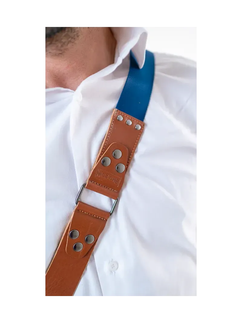 NICE ONE – Tracolla Singola in Pelle Cognac e tessuto Blue